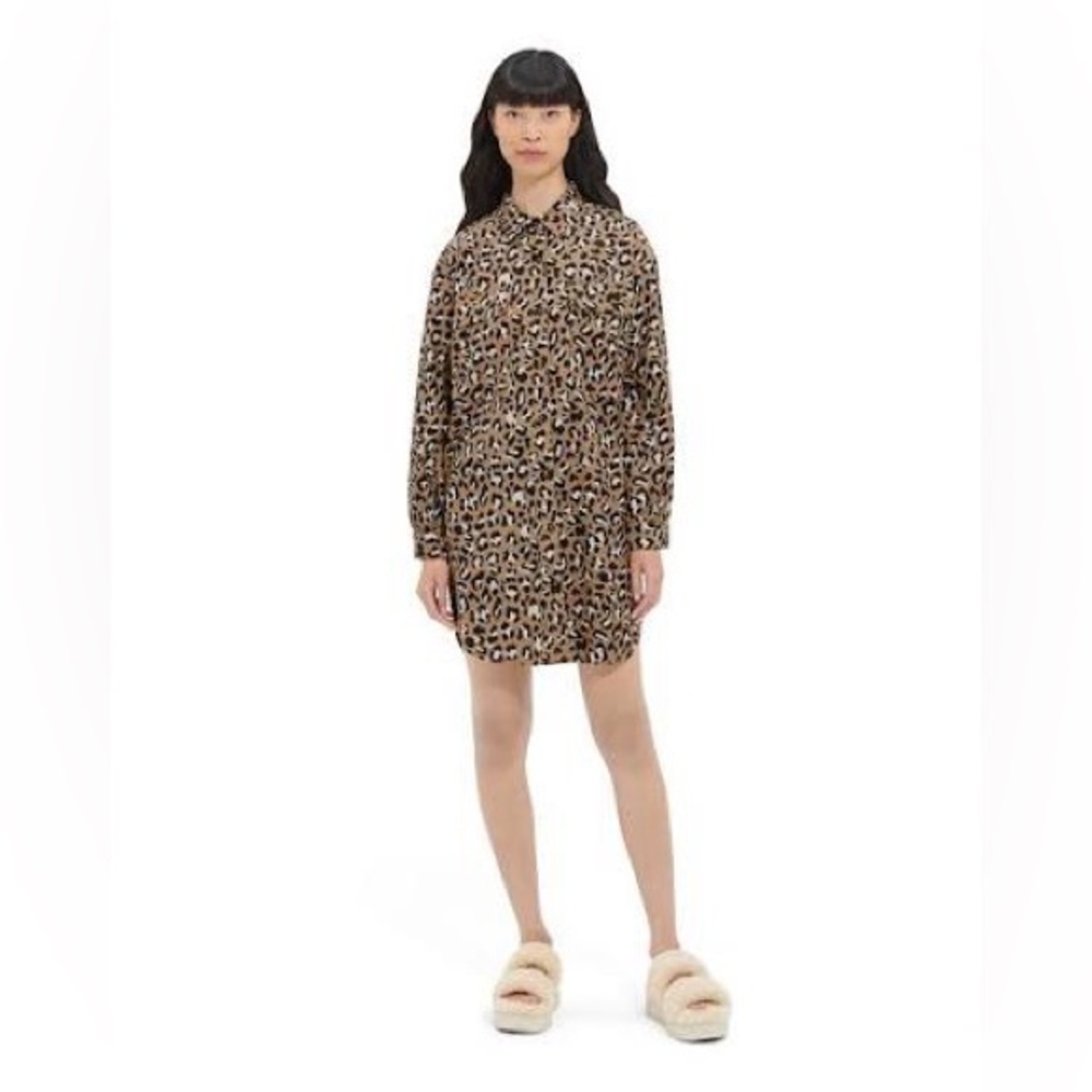 UGG - Addley Oversized Shirt Dress in Leopard. 100% Cotton. Pockets. Small